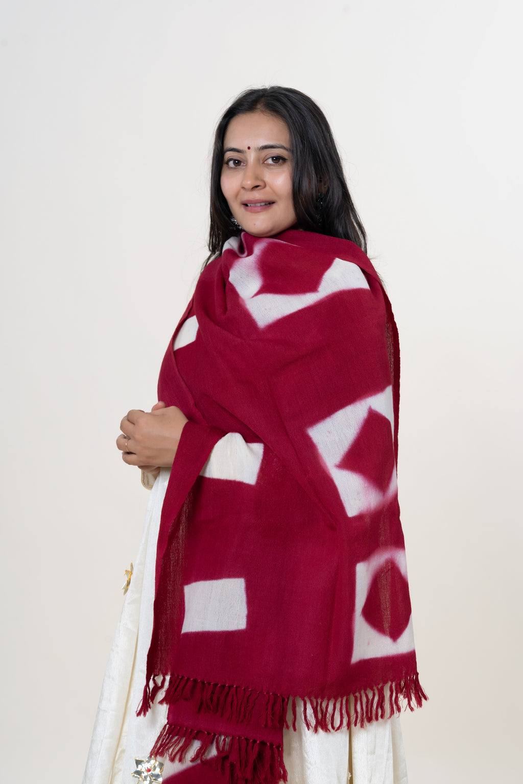Burgundy Bhujodi Handwoven Merino Wool Stole with Tie & Dye Diamond & Rectangle Motifs