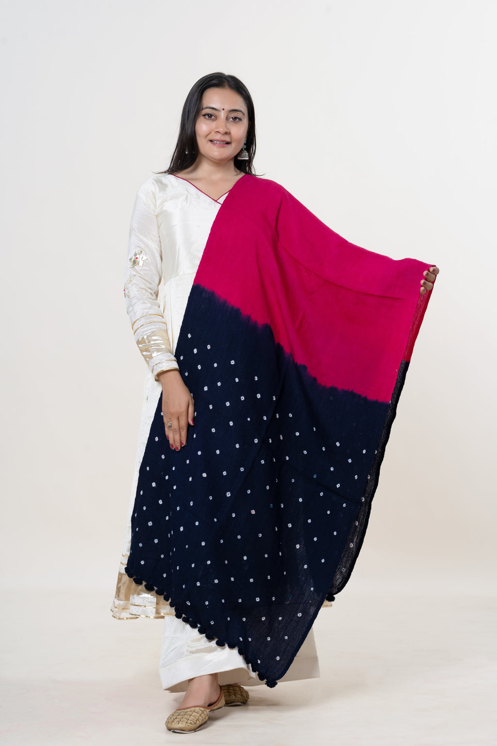 Magenta & Navy Bhujodi Handwoven Merino Wool Stole with Tie & Dye Dot Motifs