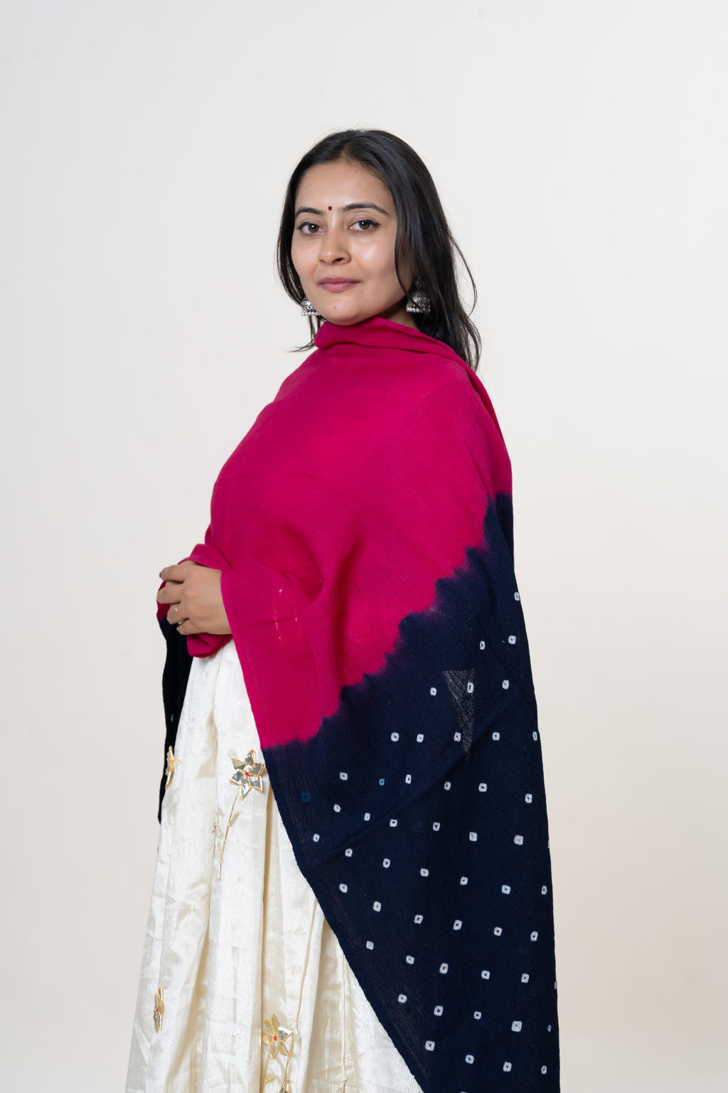 Magenta & Navy Bhujodi Handwoven Merino Wool Stole with Tie & Dye Dot Motifs