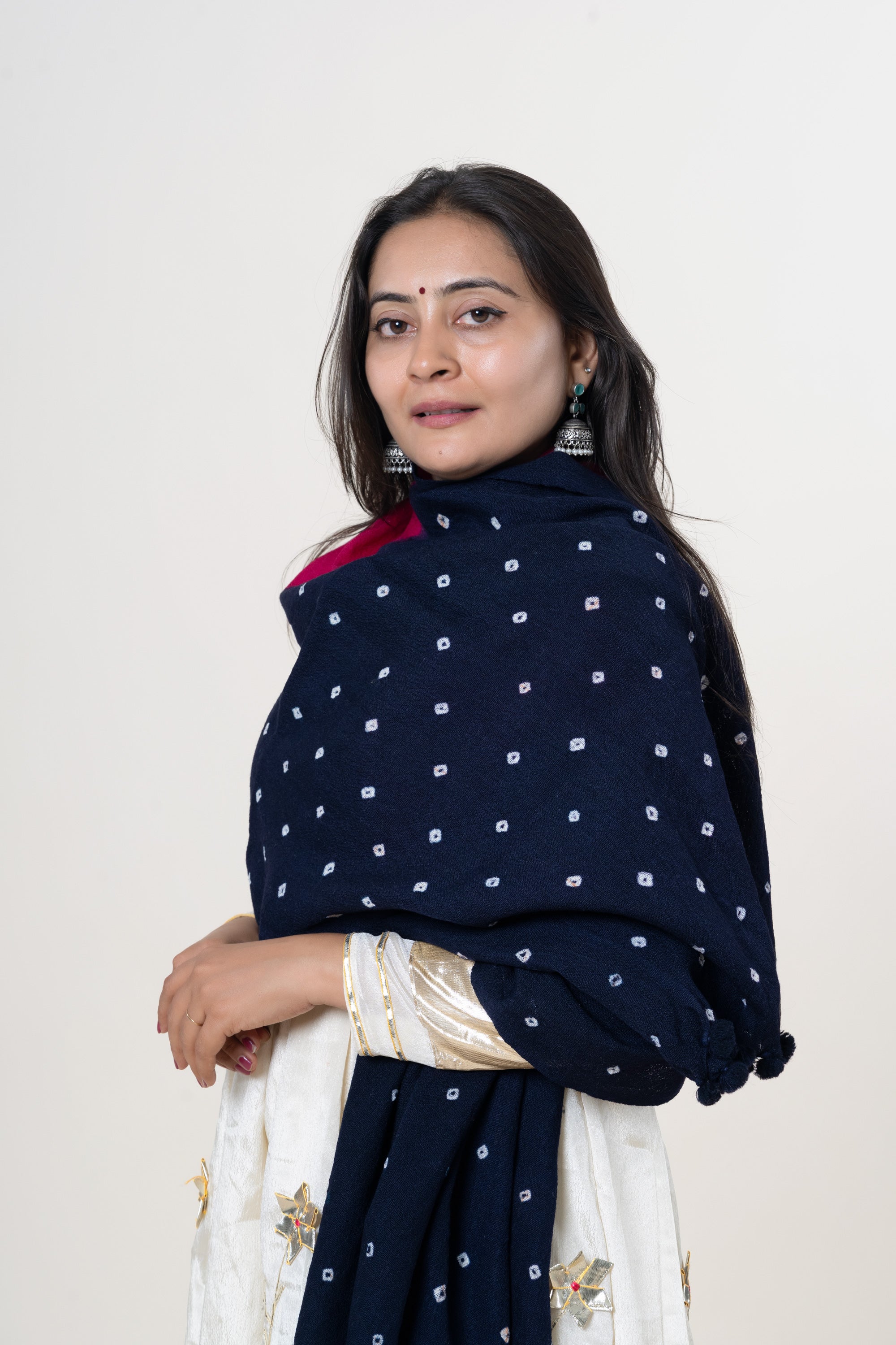 Magenta & Navy Bhujodi Handwoven Merino Wool Stole with Tie & Dye Dot Motifs