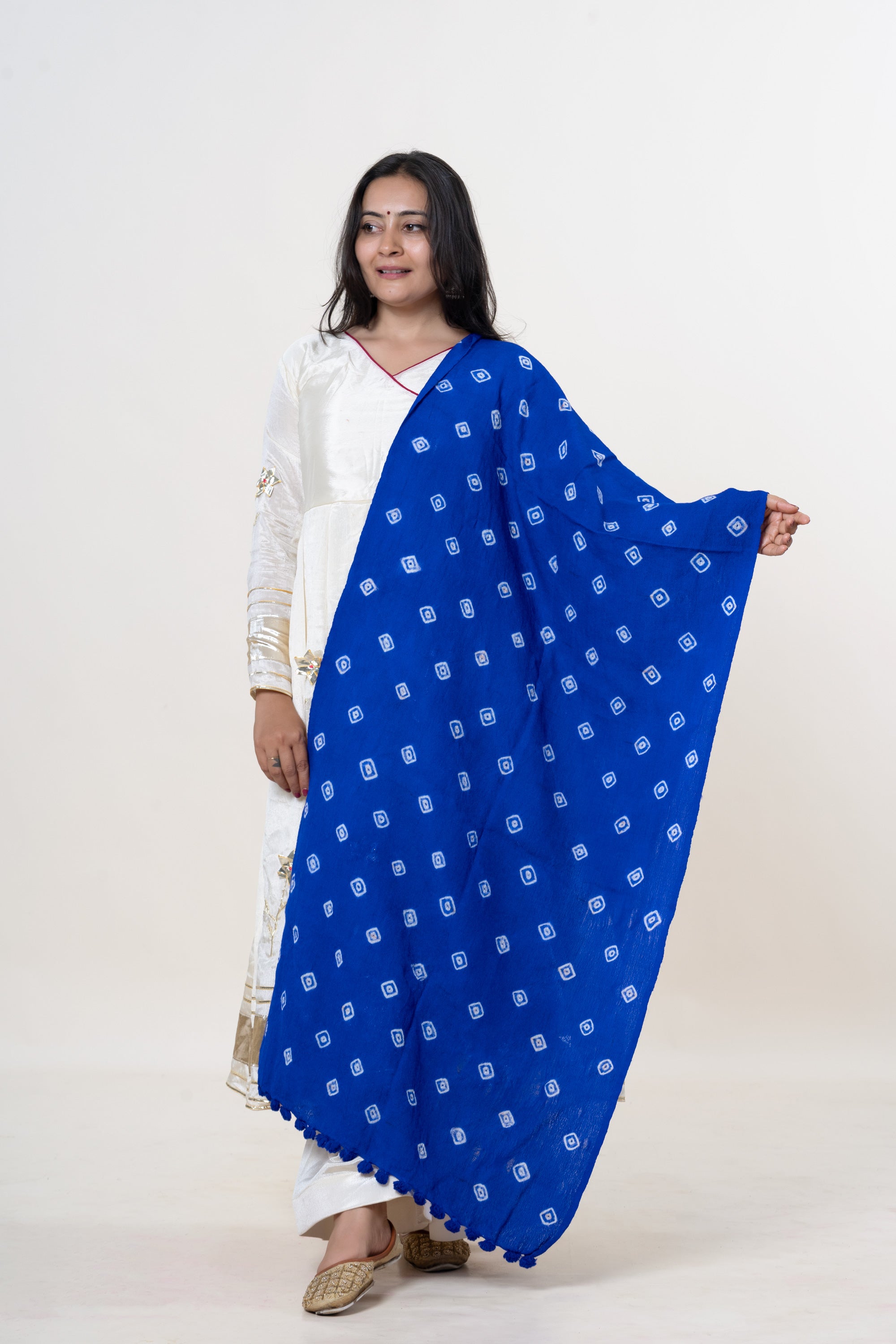 Royal Blue Bhujodi Handwoven Merino Wool Stole with Tie & Dye Motifs