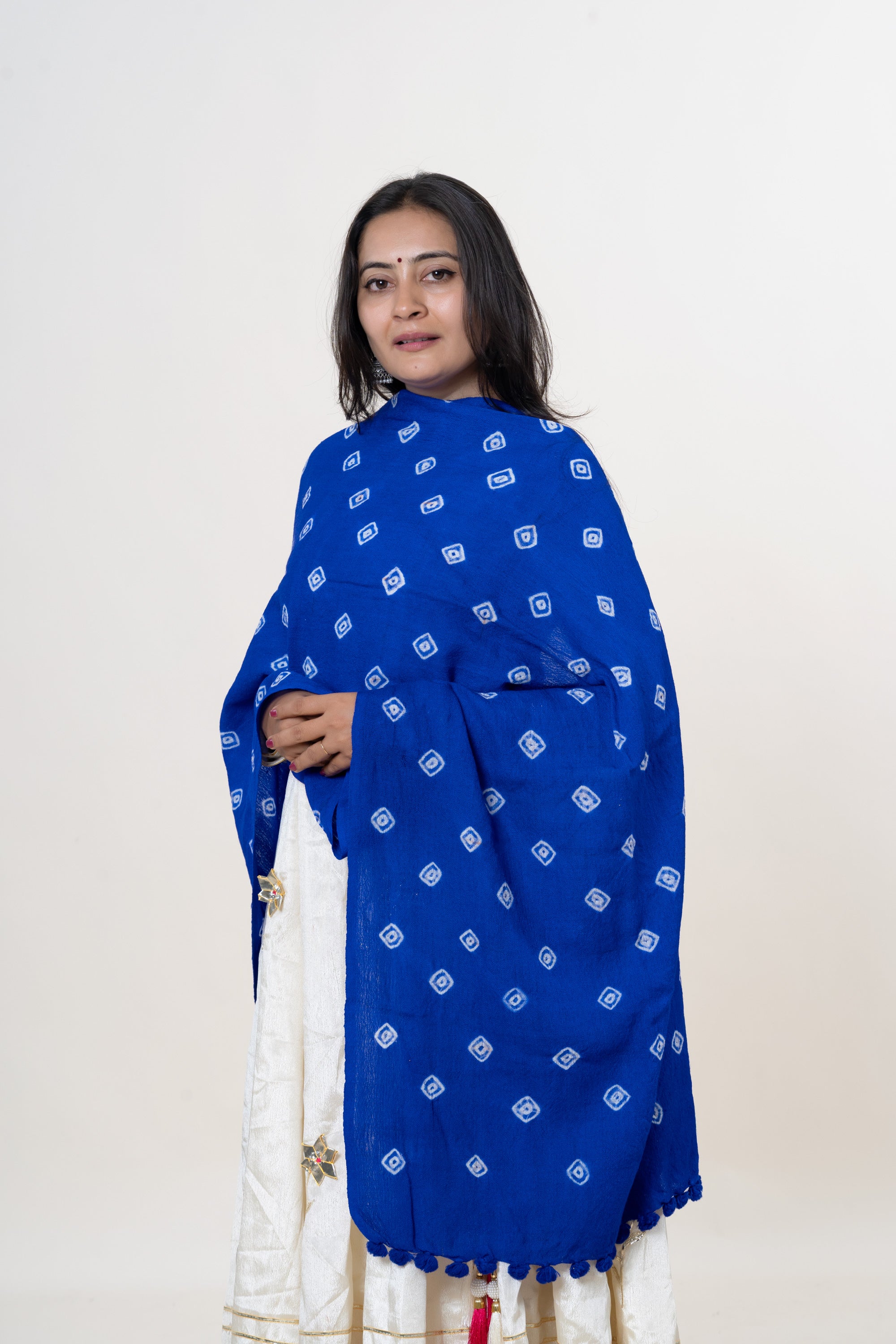 Royal Blue Bhujodi Handwoven Merino Wool Stole with Tie & Dye Motifs