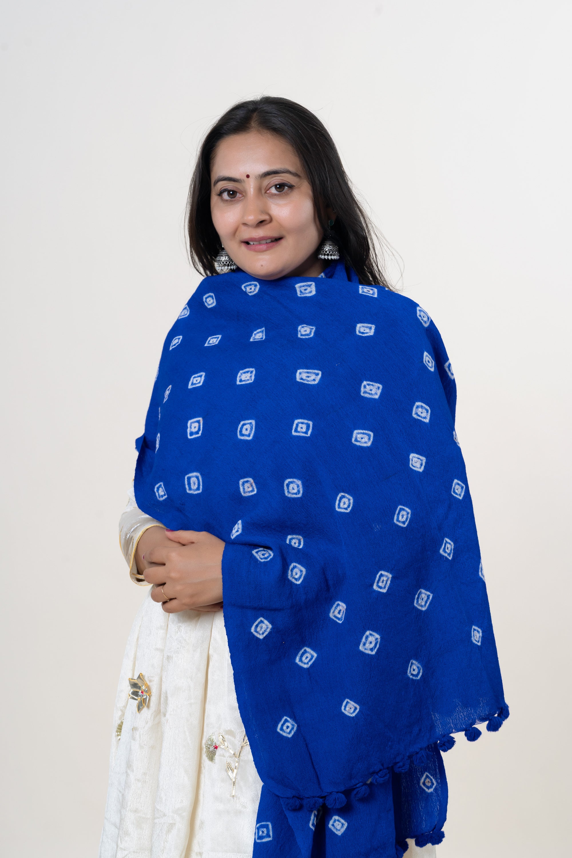 Royal Blue Bhujodi Handwoven Merino Wool Stole with Tie & Dye Motifs