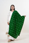 Forest Green Bhujodi Handwoven Merino Wool Stole with Tie & Dye Motifs