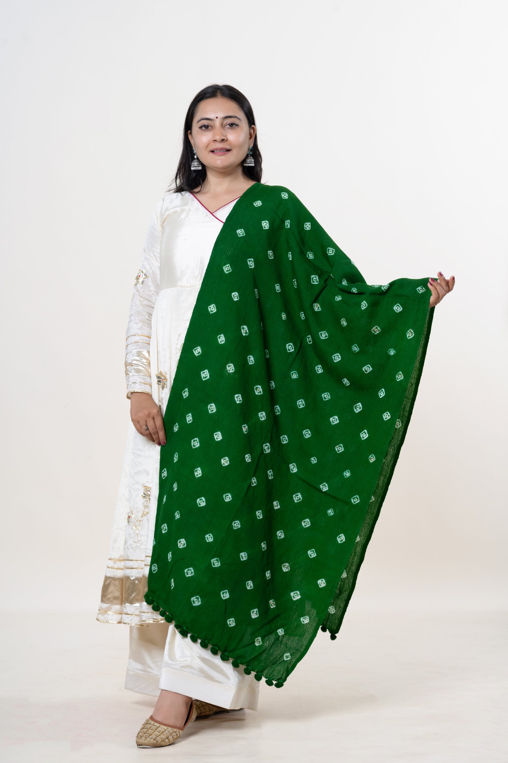 Forest Green Bhujodi Handwoven Merino Wool Stole with Tie & Dye Motifs