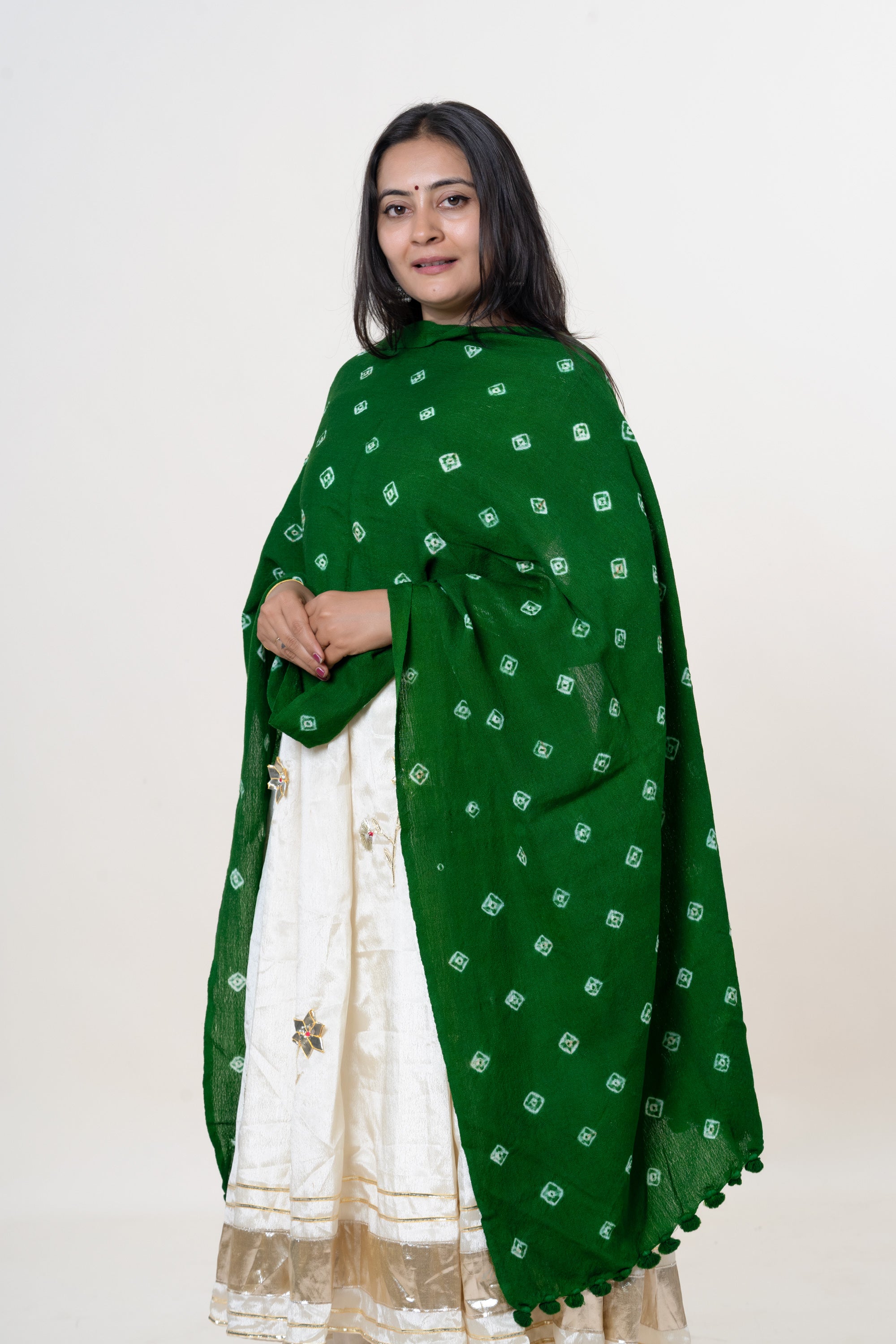 Forest Green Bhujodi Handwoven Merino Wool Stole with Tie & Dye Motifs