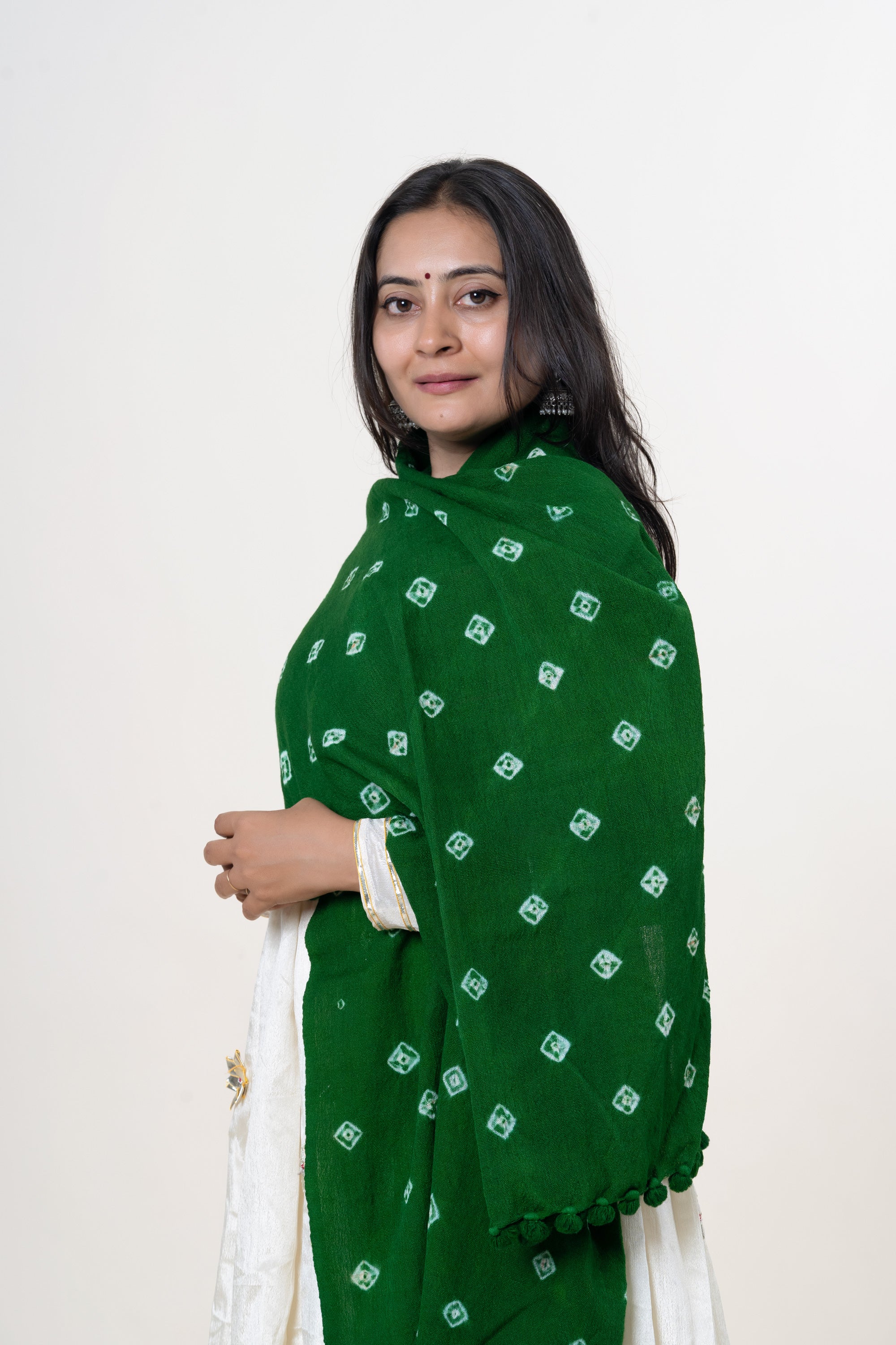 Forest Green Bhujodi Handwoven Merino Wool Stole with Tie & Dye Motifs
