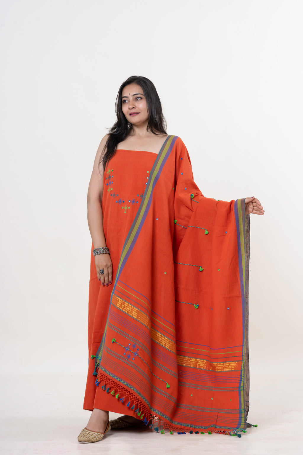 Orange Bhujodi Handloom Kala Cotton 3PC Unstitched Dress/Suit Material with Lime Green and Cobalt Blue Accents