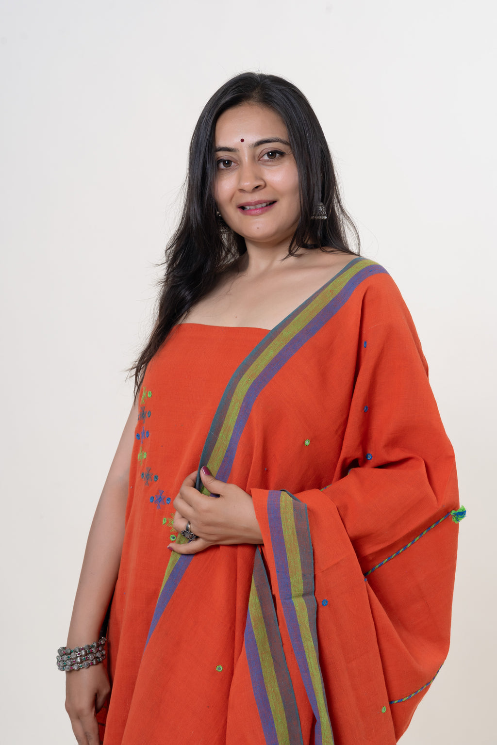 Orange Bhujodi Handloom Kala Cotton 3PC Unstitched Dress/Suit Material with Lime Green and Cobalt Blue Accents