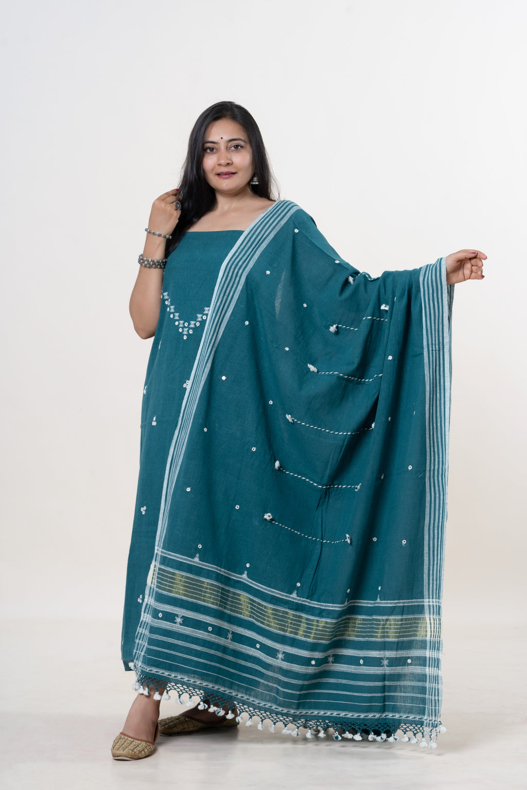 Peacock Teal Bhujodi Handloom Kala Cotton 3PC Unstitched Dress/Suit Material with White Accents