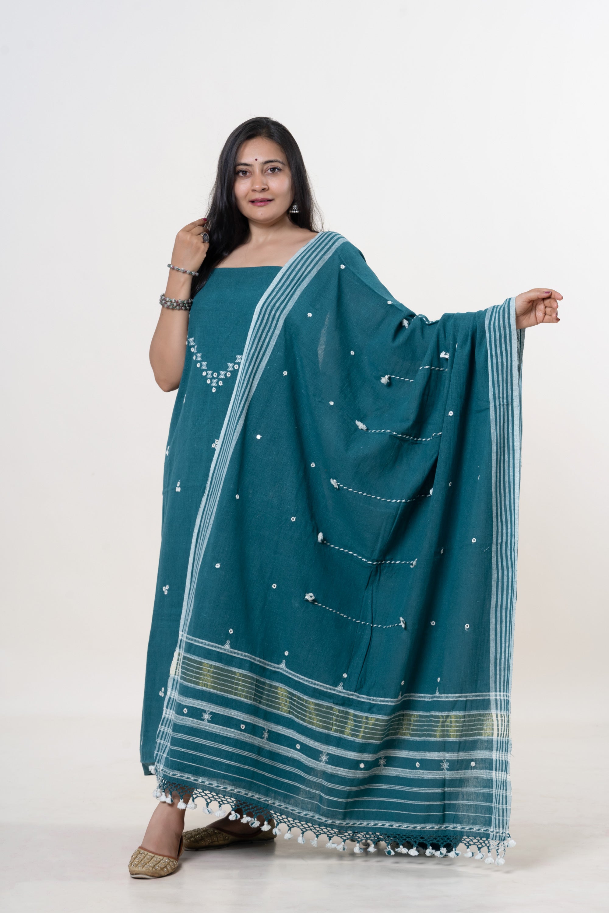 Peacock Teal Bhujodi Handloom Kala Cotton 3PC Unstitched Dress/Suit Material with White Accents
