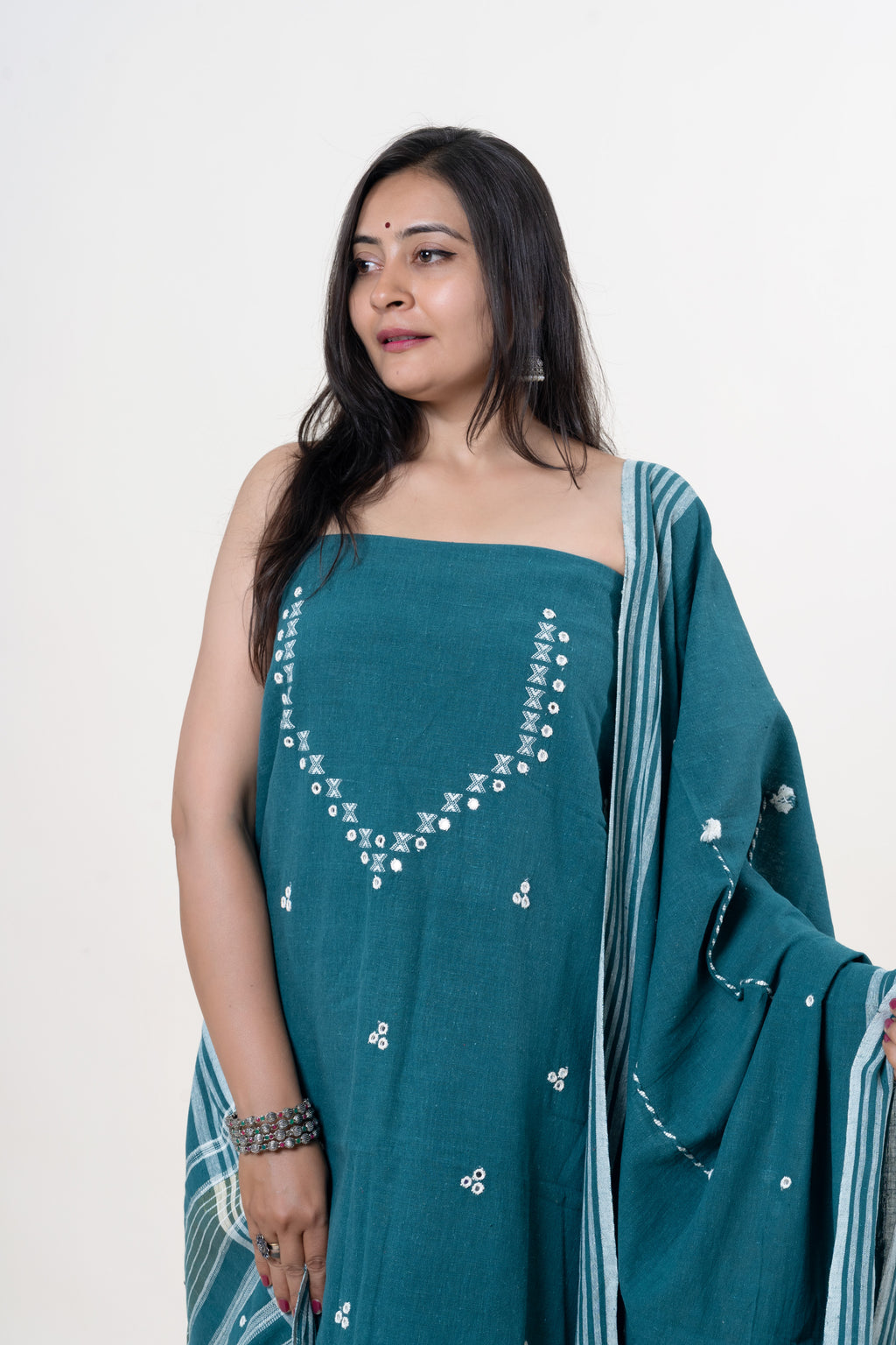 Peacock Teal Bhujodi Handloom Kala Cotton 3PC Unstitched Dress/Suit Material with White Accents