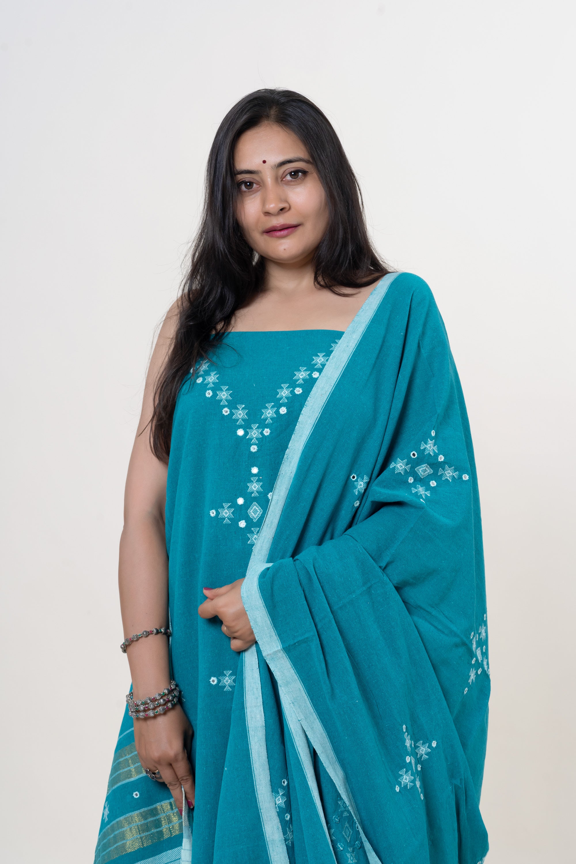 Teal Bhujodi Handloom Kala Cotton 3PC Unstitched Dress/Suit Material with White Accents