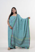 Sea Blue Bhujodi Handloom Kala Cotton 3PC Unstitched Dress/Suit Material with Multi-colored Accents