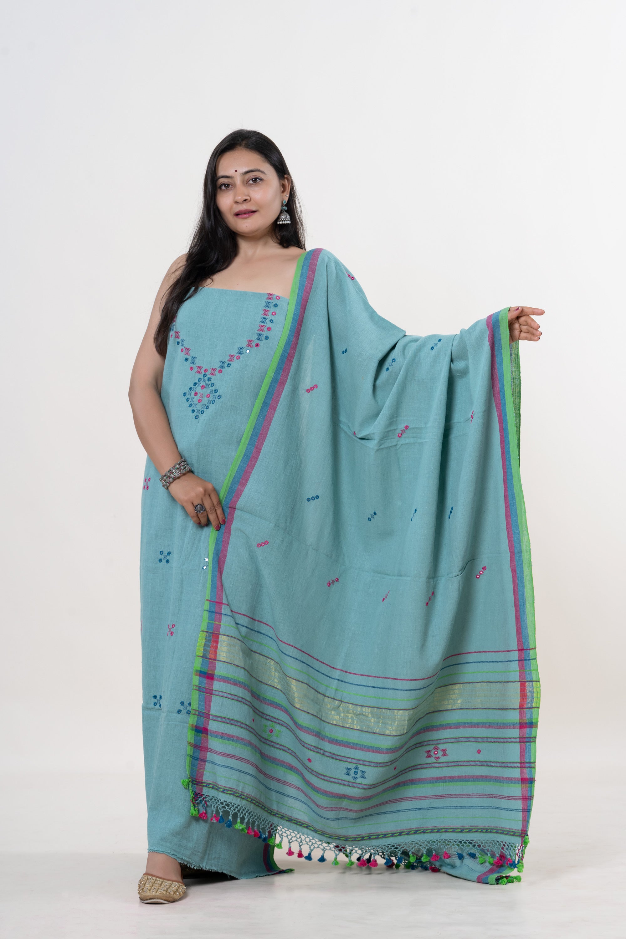 Sea Blue Bhujodi Handloom Kala Cotton 3PC Unstitched Dress/Suit Material with Multi-colored Accents