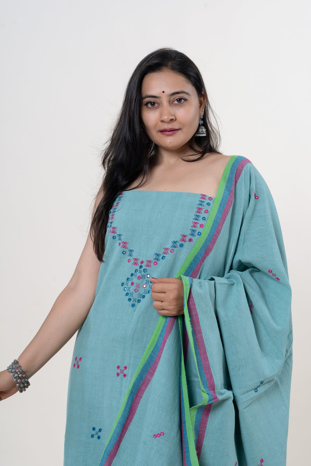 Sea Blue Bhujodi Handloom Kala Cotton 3PC Unstitched Dress/Suit Material with Multi-colored Accents