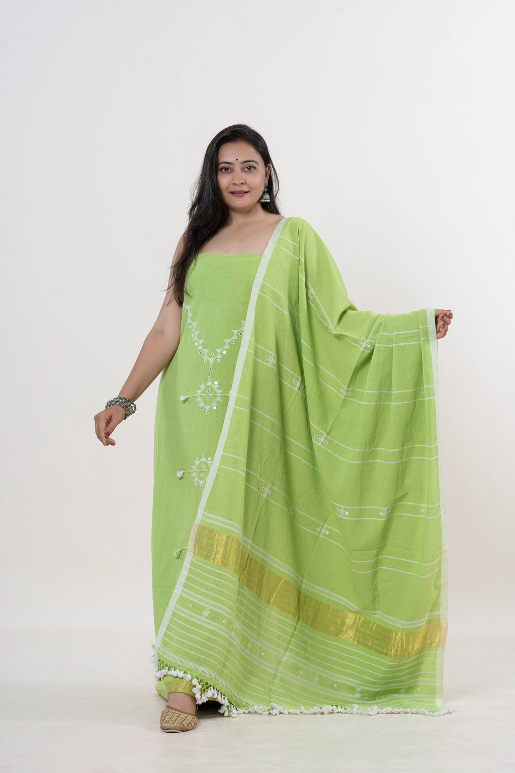 Lime Green Bhujodi Handloom Kala Cotton 3PC Unstitched Dress/Suit Material with White Accents