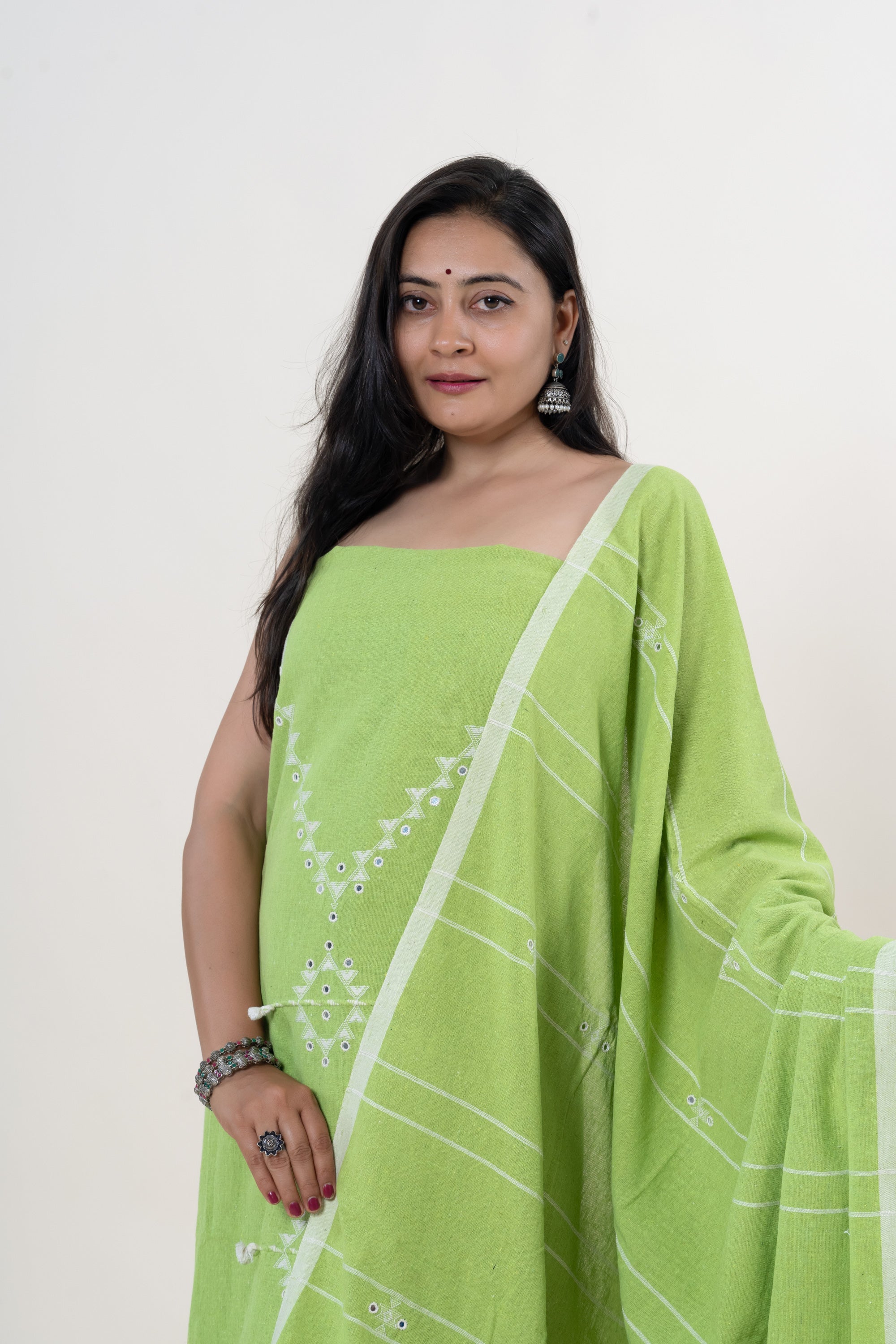 Lime Green Bhujodi Handloom Kala Cotton 3PC Unstitched Dress/Suit Material with White Accents