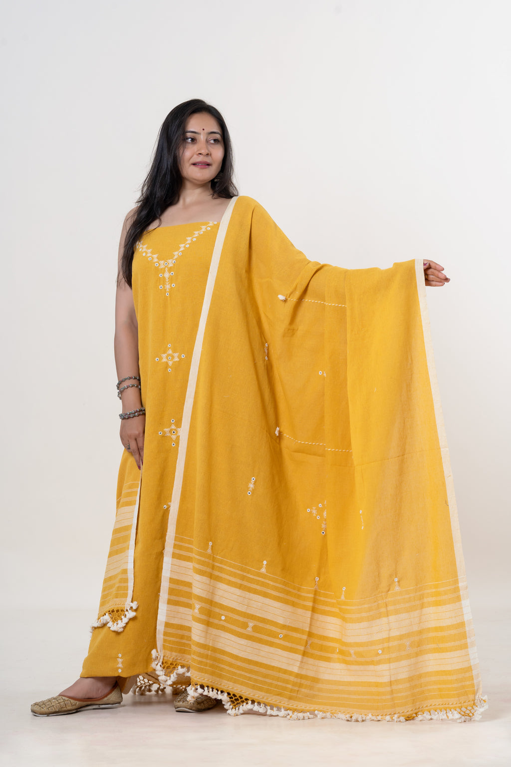 Golden Yellow Bhujodi Handloom Kala Cotton 3PC Unstitched Dress/Suit Material with White Accents