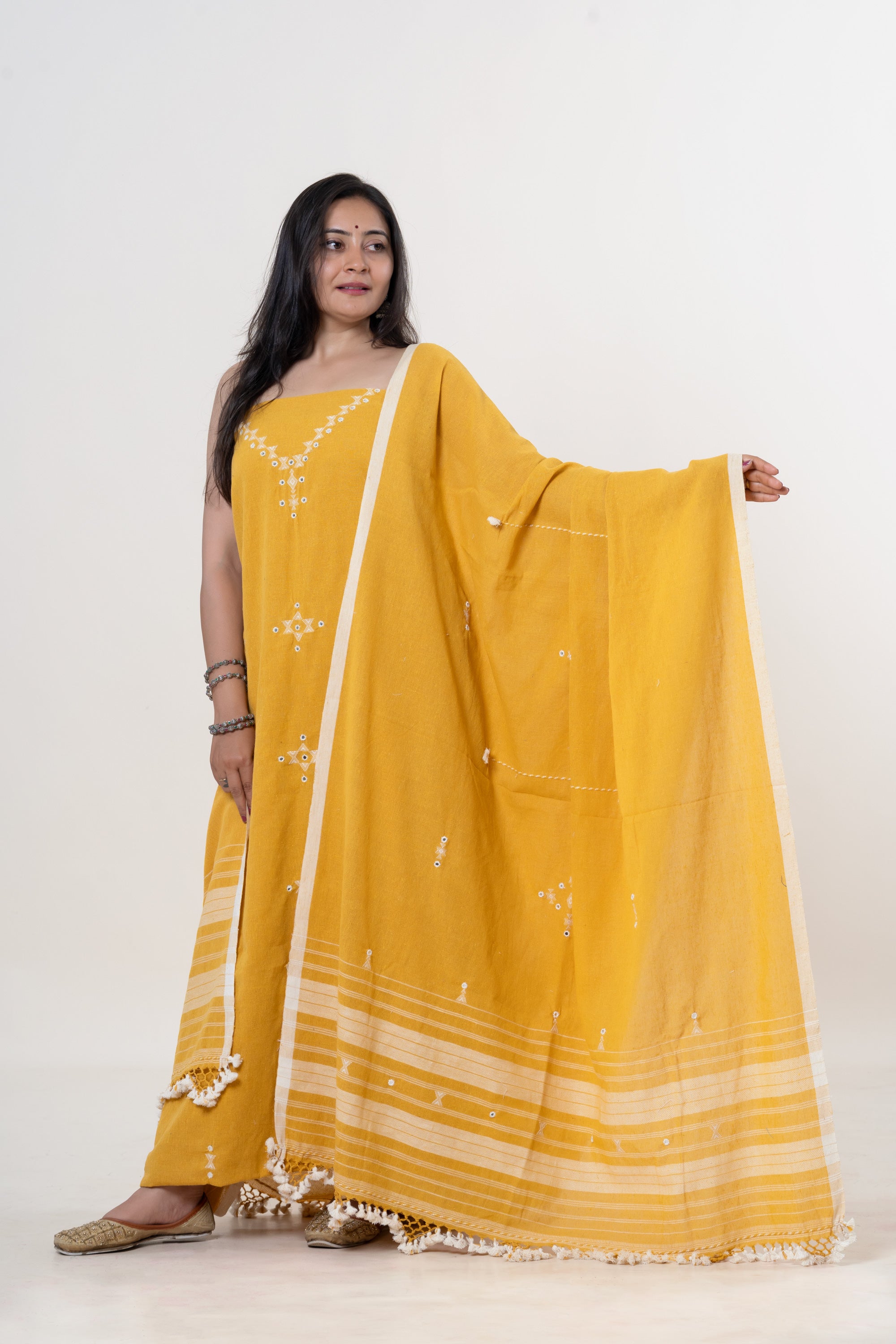 Golden Yellow Bhujodi Handloom Kala Cotton 3PC Unstitched Dress/Suit Material with White Accents