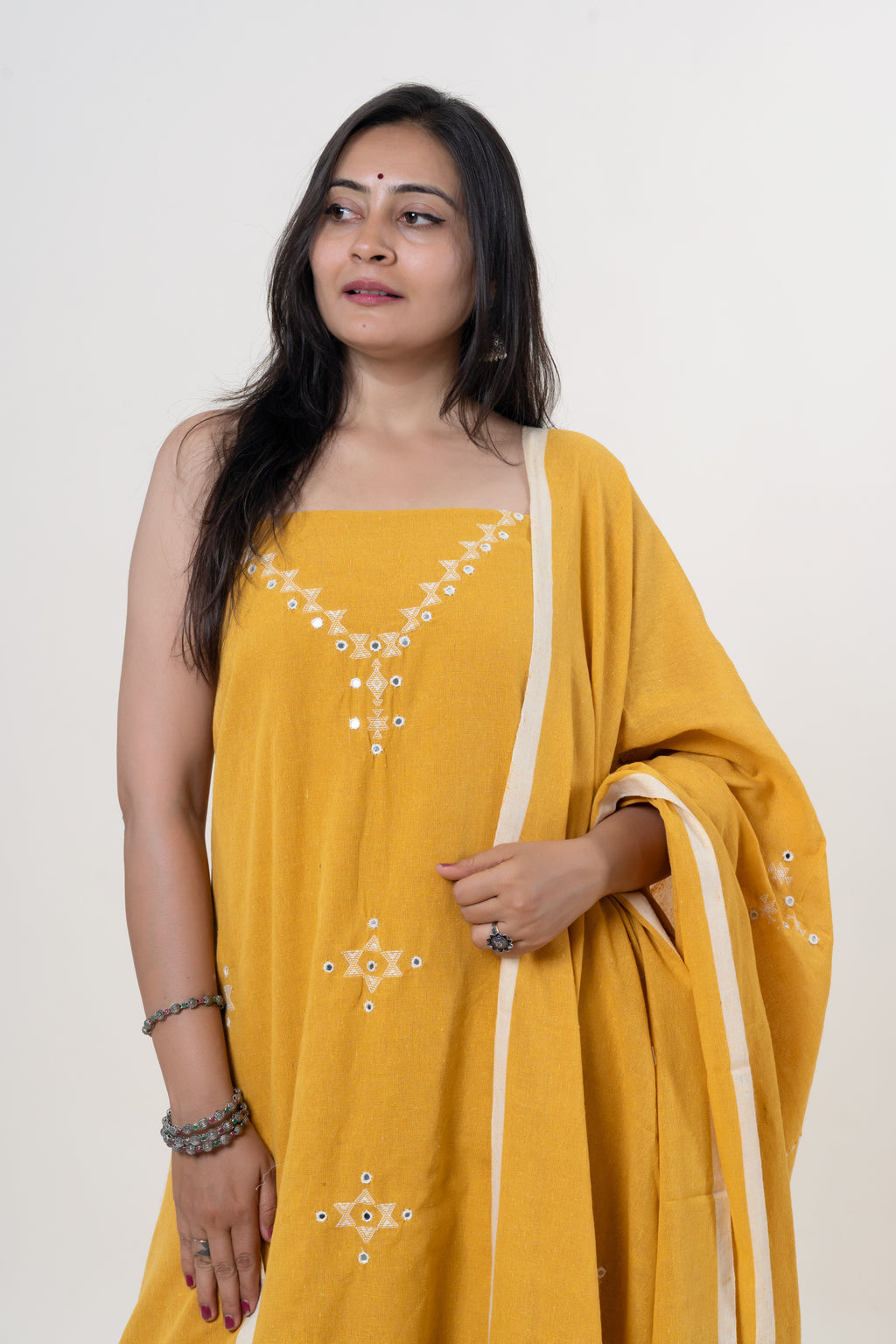Golden Yellow Bhujodi Handloom Kala Cotton 3PC Unstitched Dress/Suit Material with White Accents