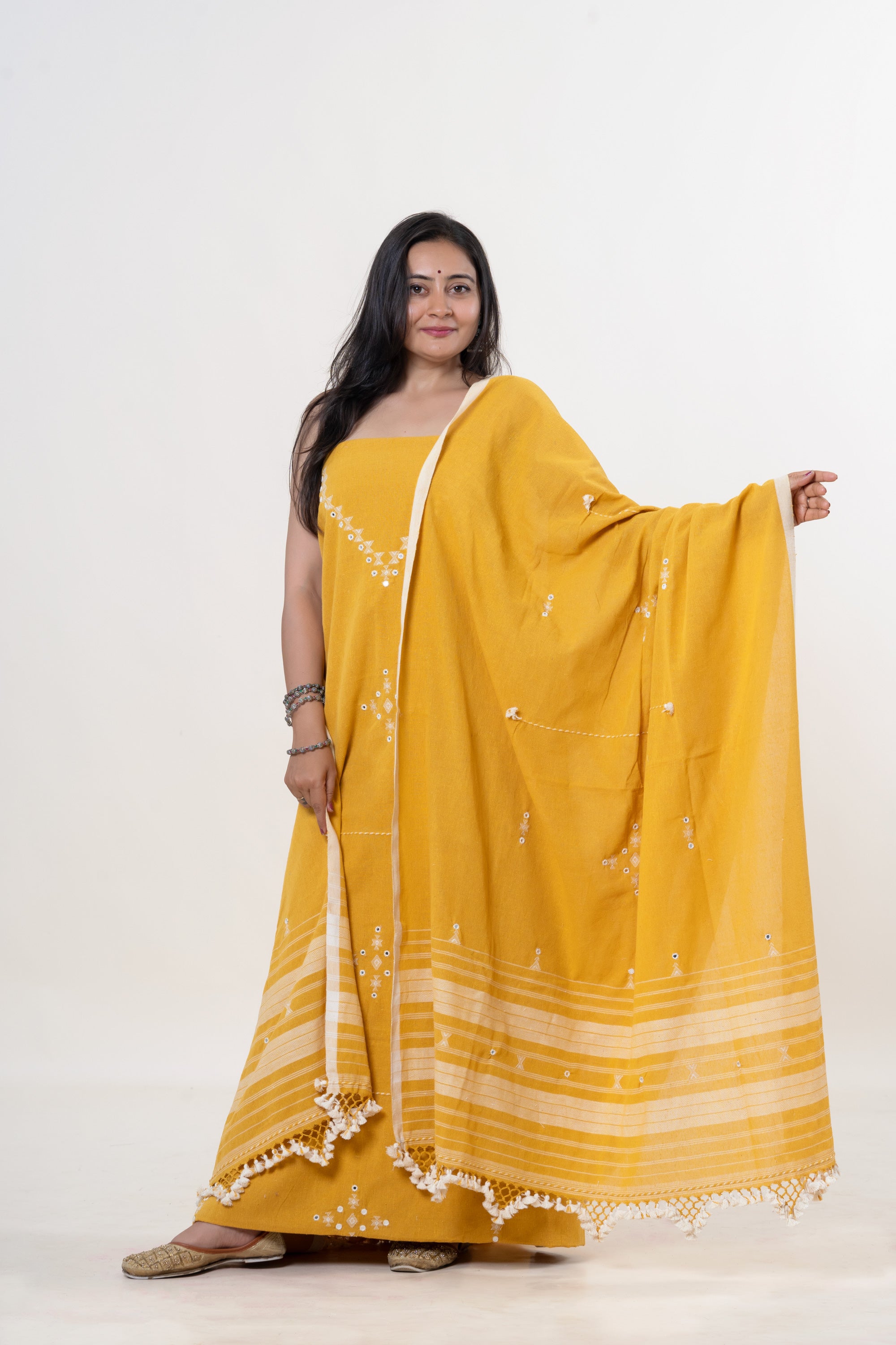 Golden Yellow Bhujodi Handloom Kala Cotton 3PC Unstitched Dress/Suit Material with White Accents