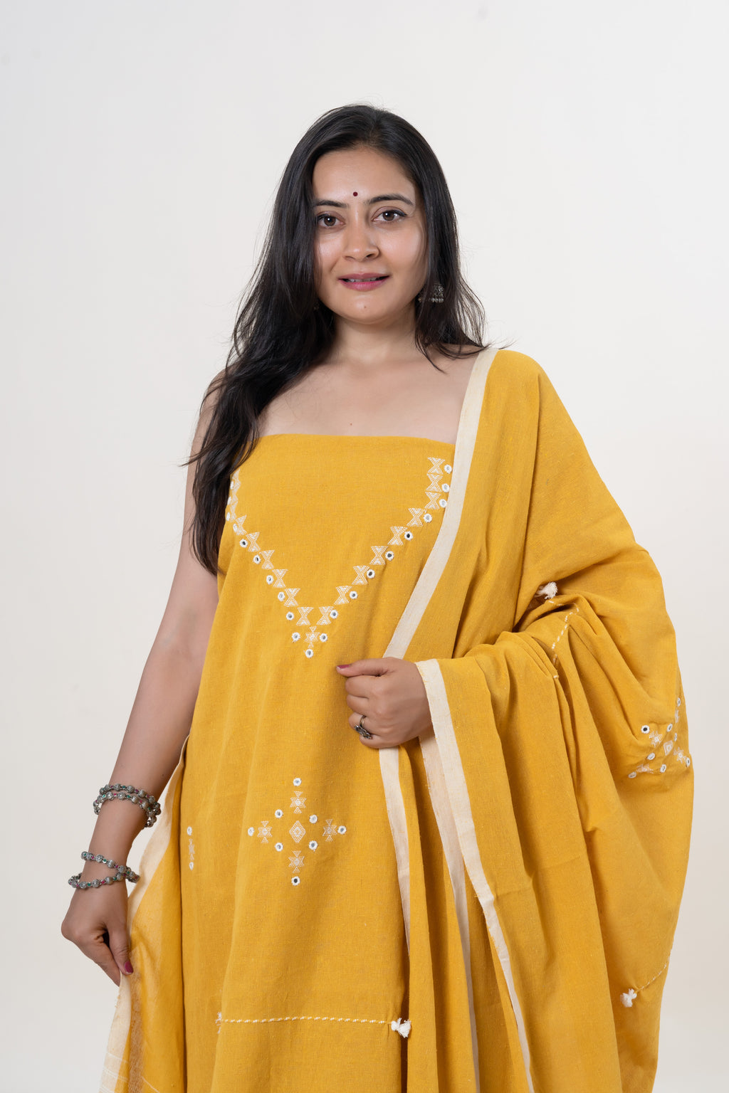 Golden Yellow Bhujodi Handloom Kala Cotton 3PC Unstitched Dress/Suit Material with White Accents