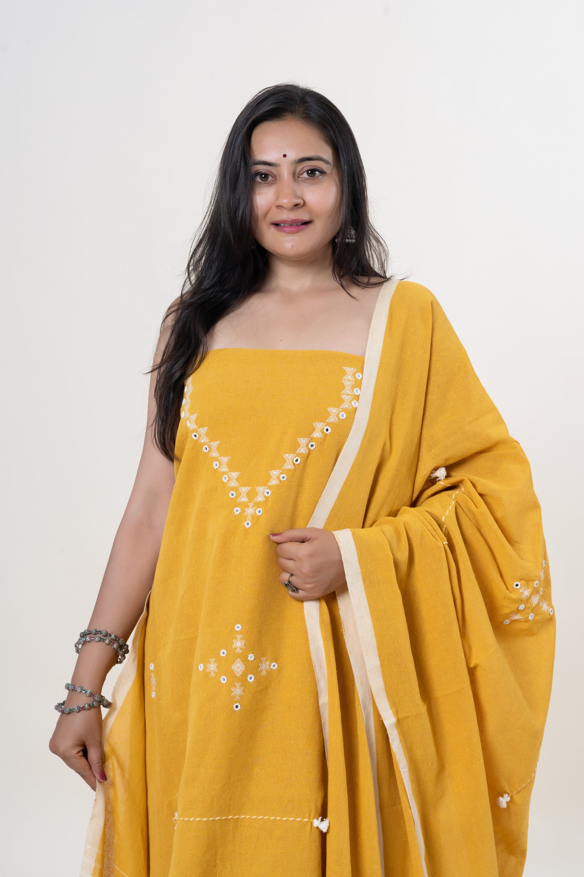 Golden Yellow Bhujodi Handloom Kala Cotton 3PC Unstitched Dress/Suit Material with White Accents