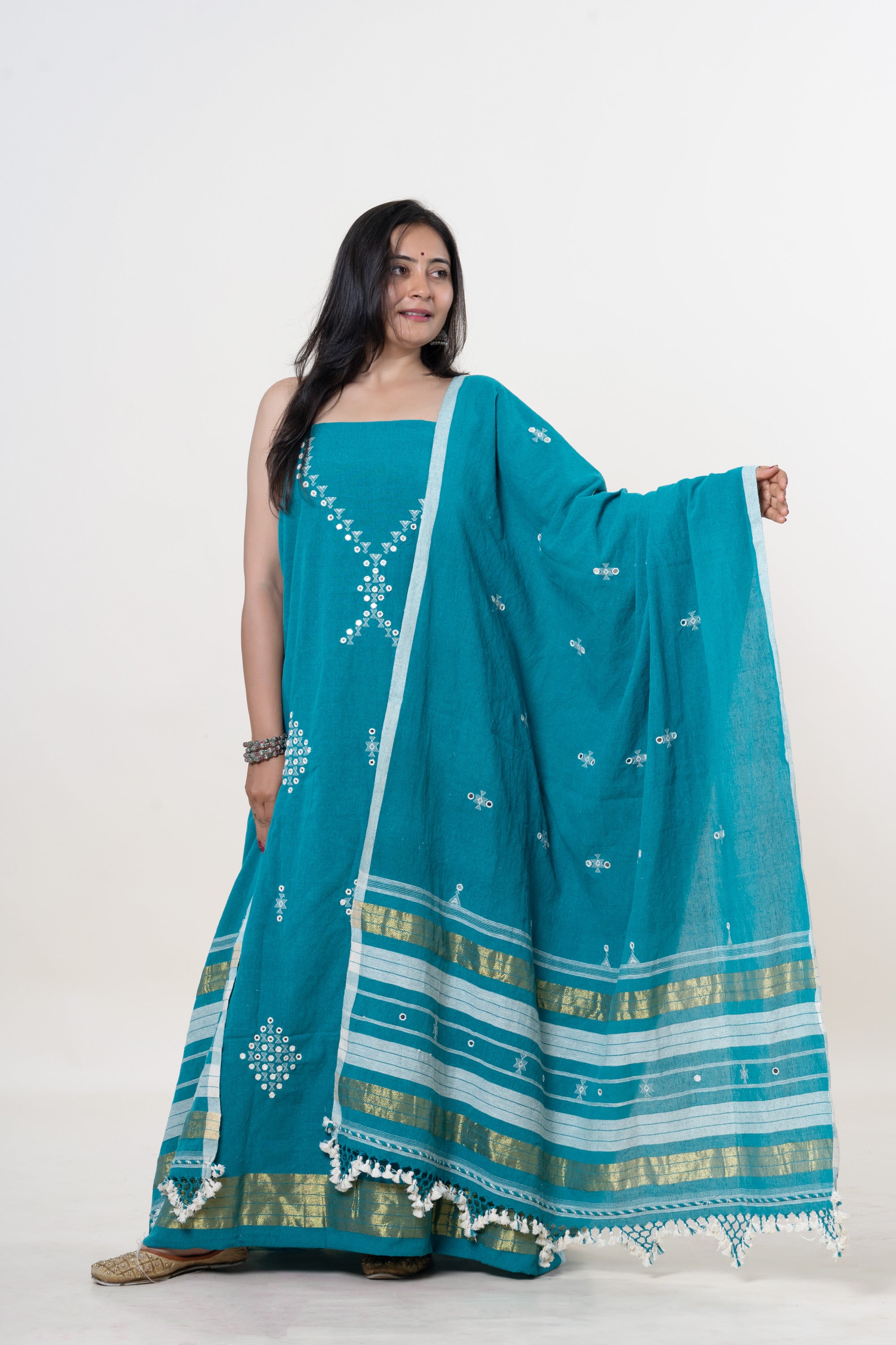 Teal Bhujodi Handloom Kala Cotton 3PC Unstitched Dress/Suit Material with White Accents