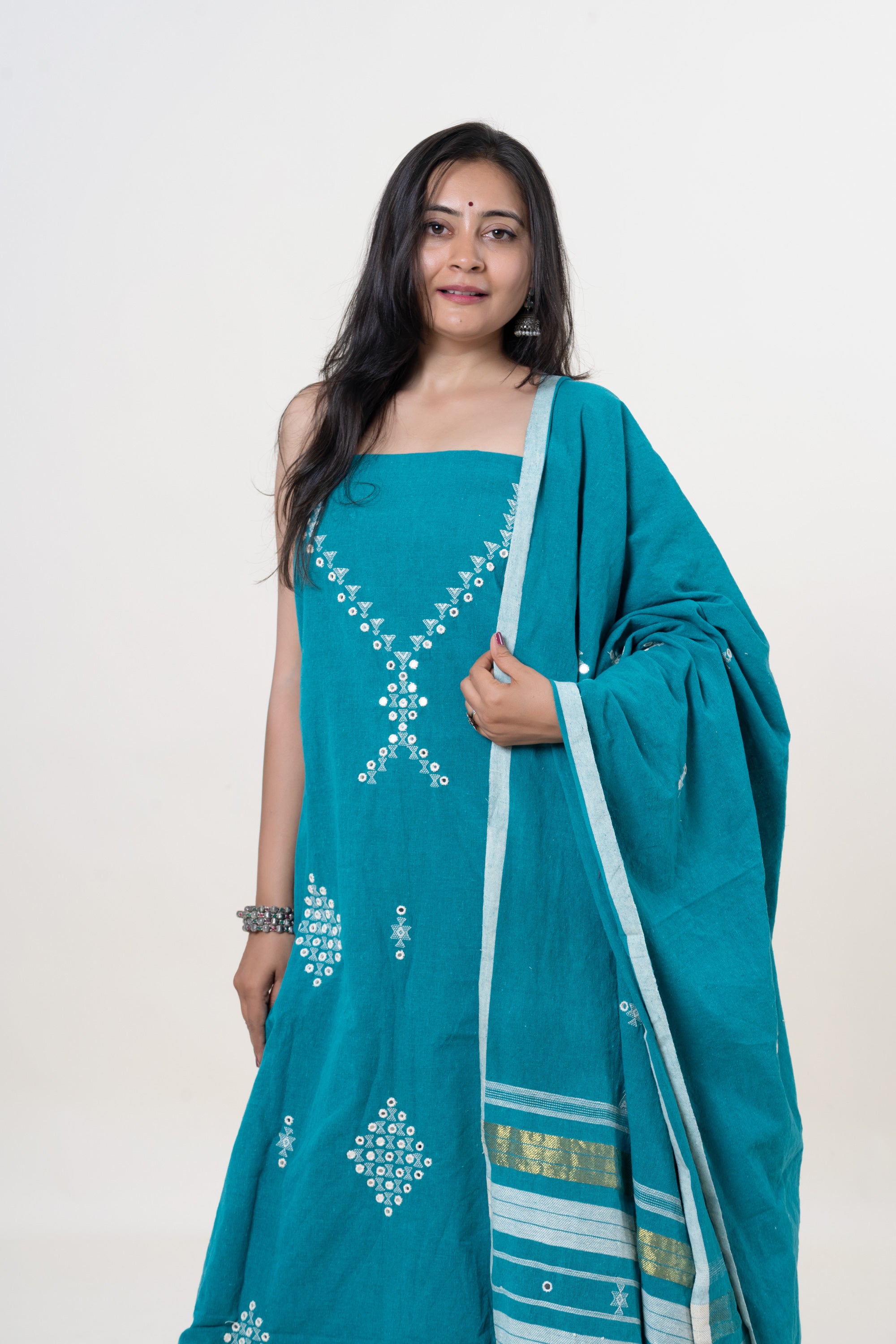 Teal Bhujodi Handloom Kala Cotton 3PC Unstitched Dress/Suit Material with White Accents
