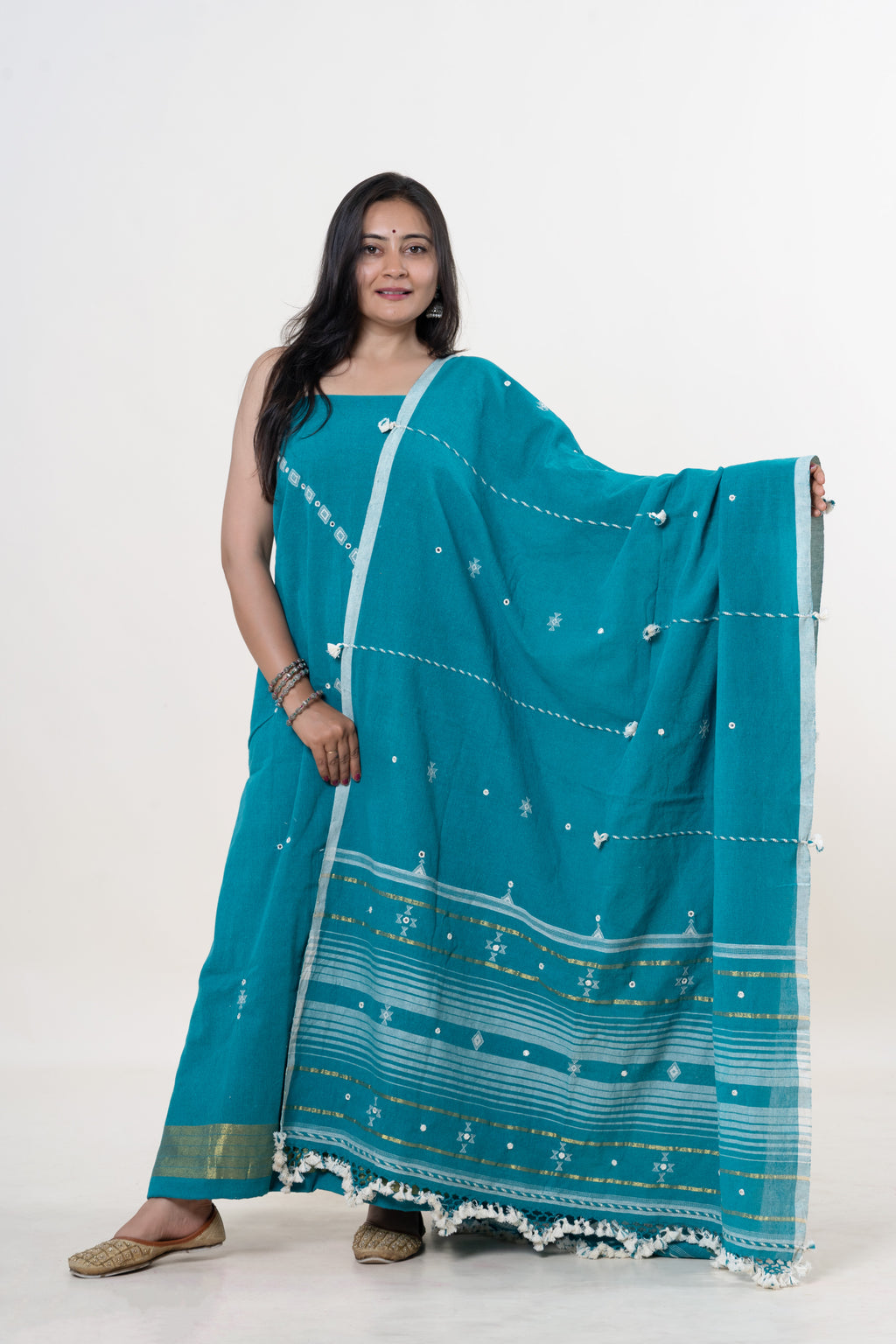 Teal Bhujodi Handloom Kala Cotton 3PC Unstitched Dress/Suit Material with White Accents