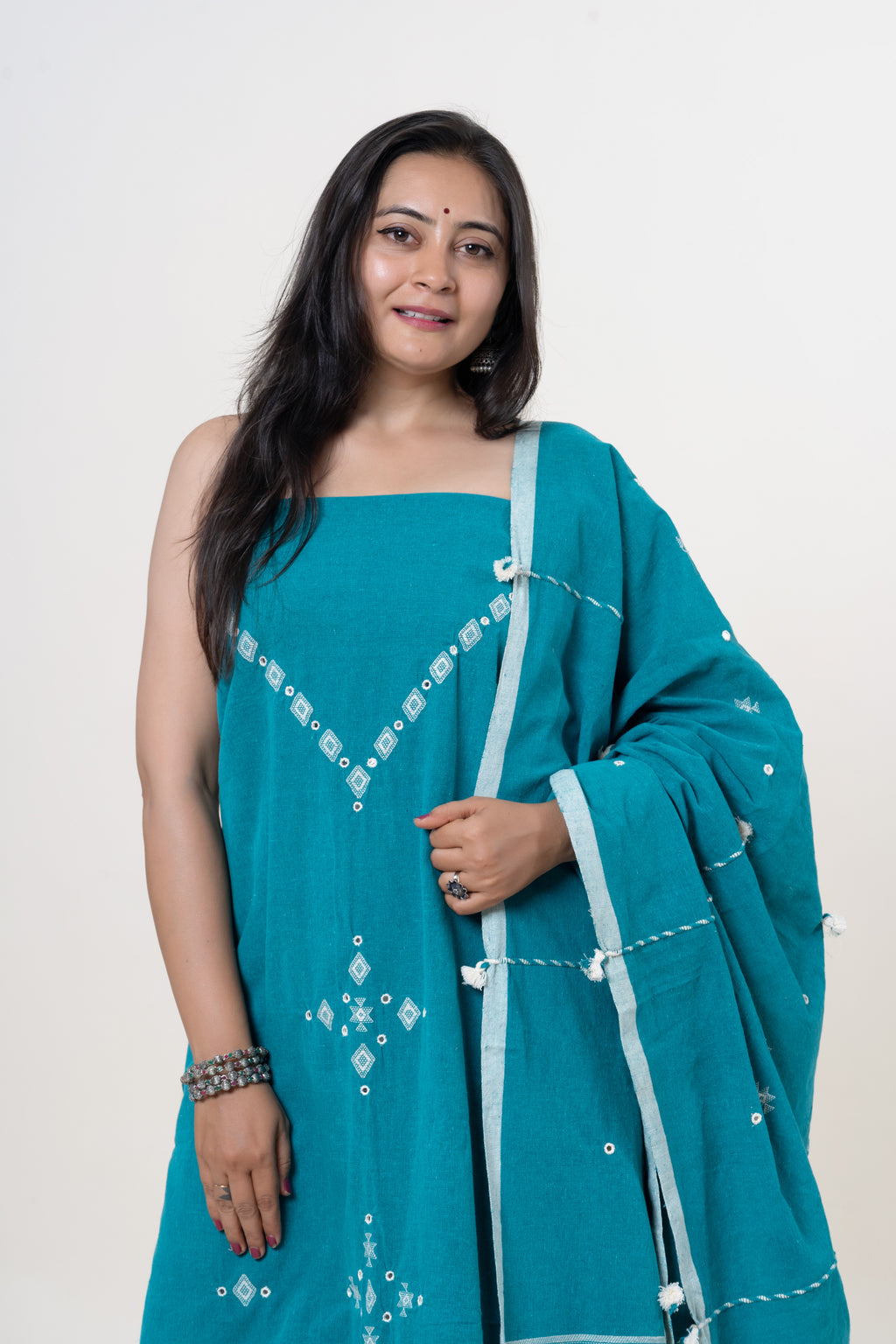 Teal Bhujodi Handloom Kala Cotton 3PC Unstitched Dress/Suit Material with White Accents