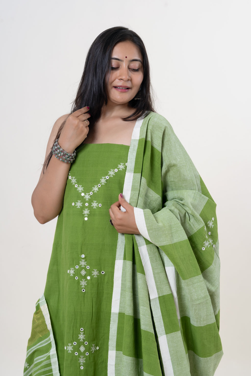 Forest Green Bhujodi Handloom Kala Cotton 3PC Unstitched Dress/Suit Material with White Accents