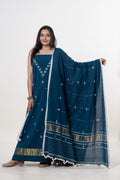 Deep Indigo Blue Bhujodi Handloom Kala Cotton 3PC Unstitched Dress/Suit Material with White Accents