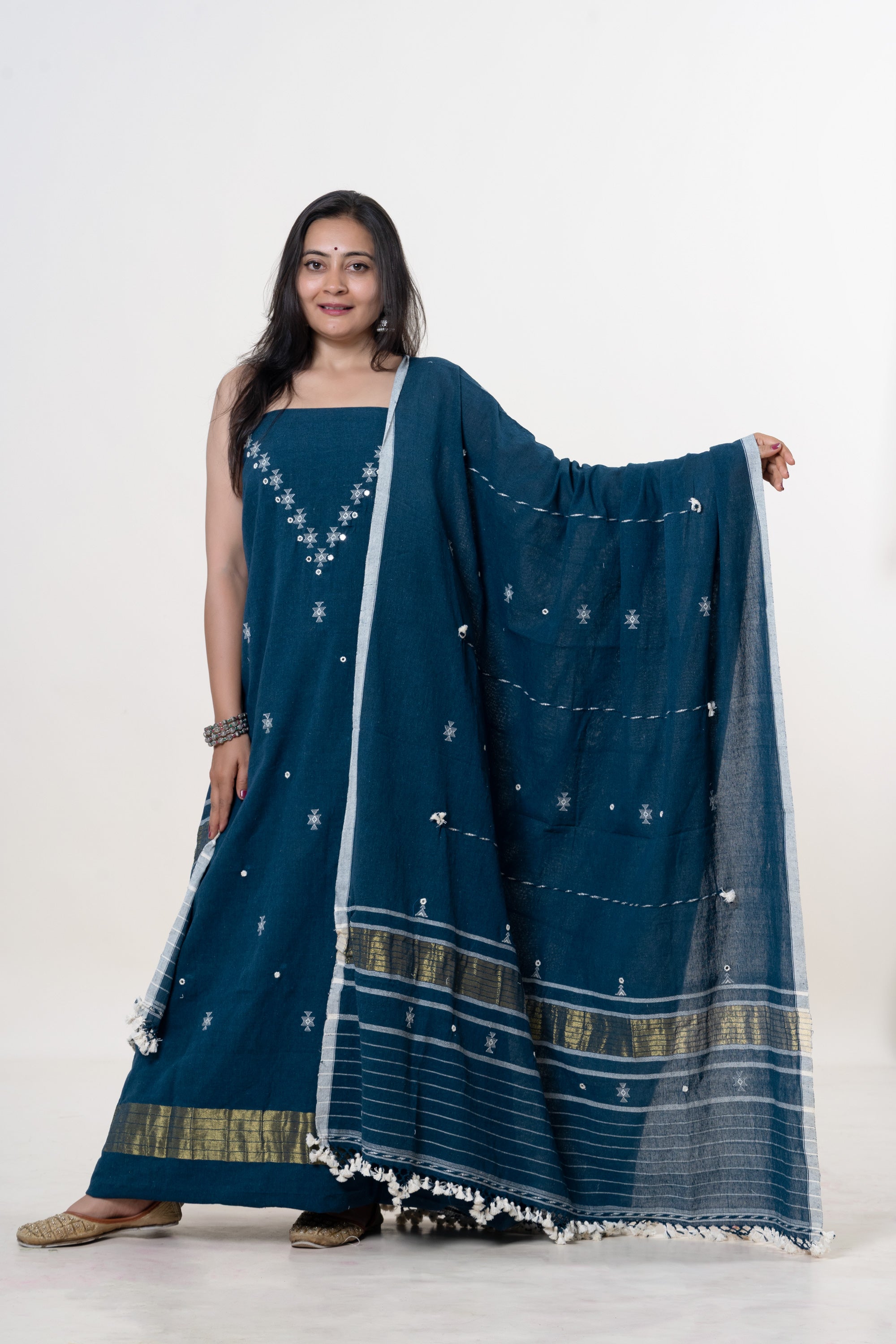 Deep Indigo Blue Bhujodi Handloom Kala Cotton 3PC Unstitched Dress/Suit Material with White Accents