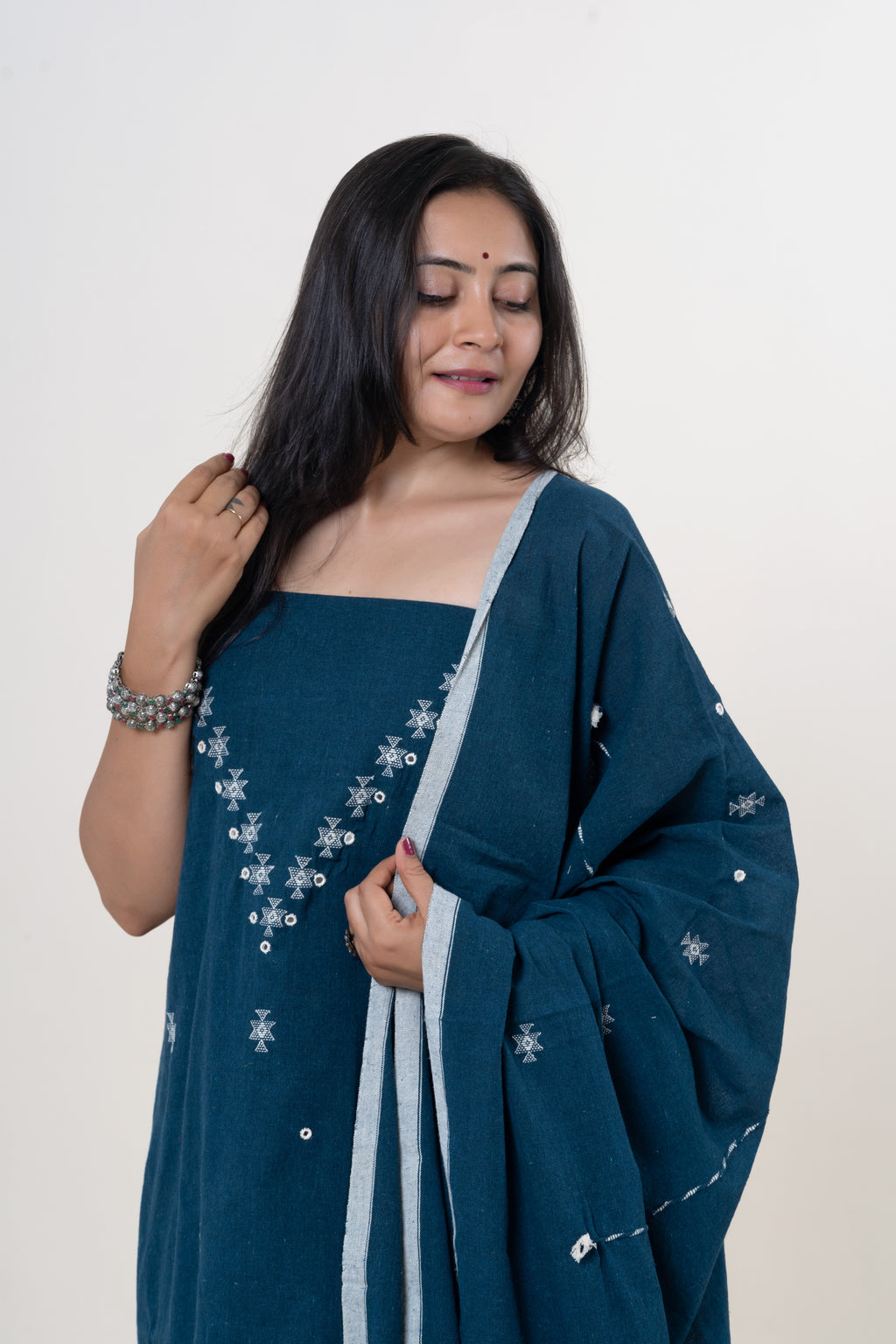 Deep Indigo Blue Bhujodi Handloom Kala Cotton 3PC Unstitched Dress/Suit Material with White Accents