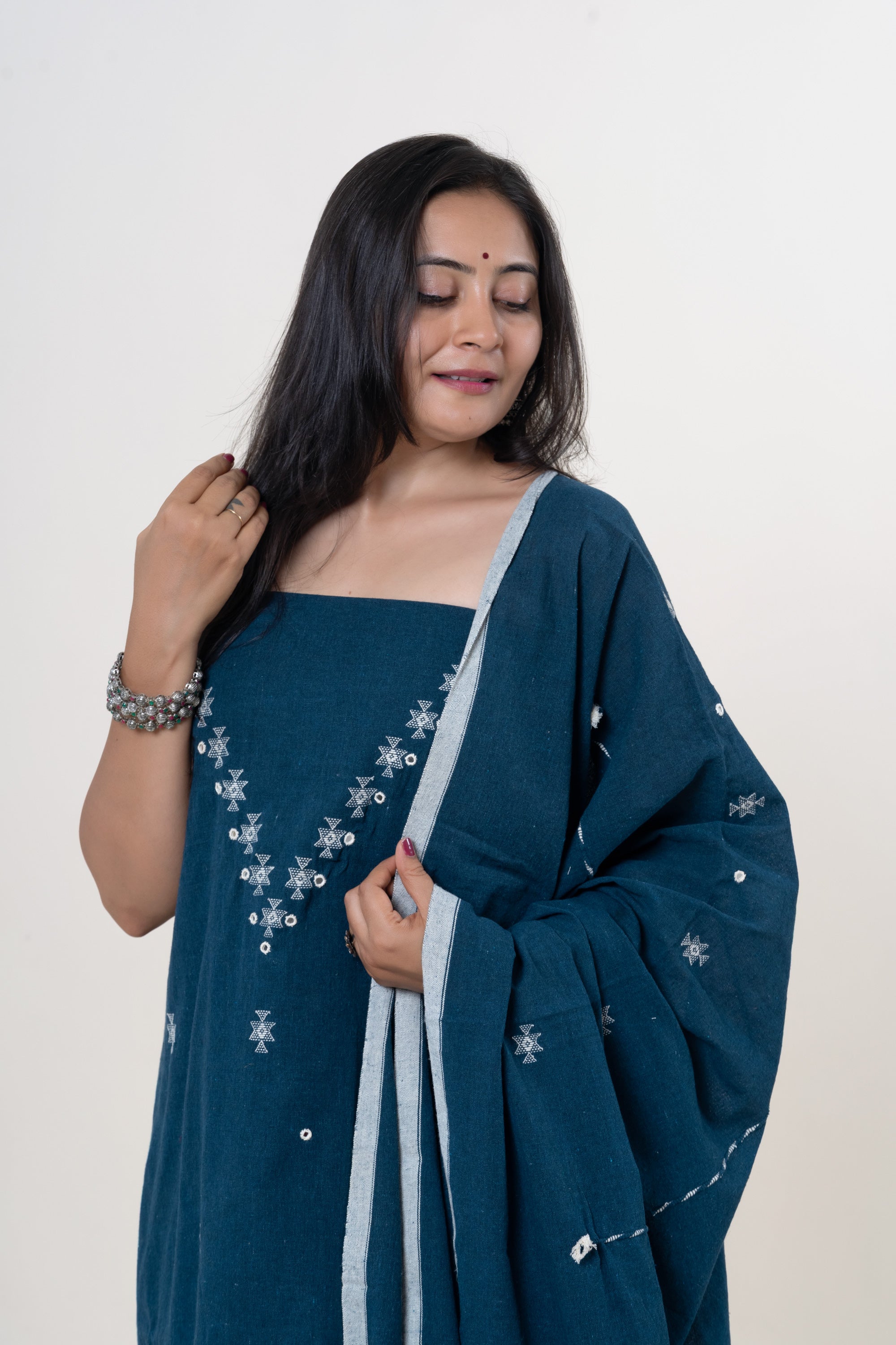 Deep Indigo Blue Bhujodi Handloom Kala Cotton 3PC Unstitched Dress/Suit Material with White Accents