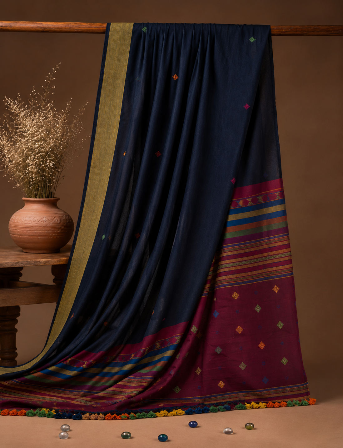 Midnight Black - Maroon Pallu Bhujodi Handwoven Fine Cotton Saree with Multi-colored Motifs